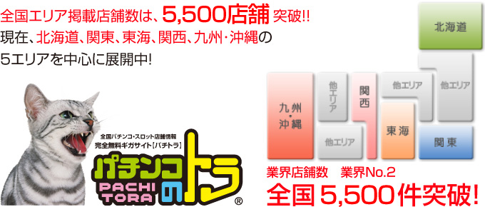 「パチンコのトラ」全国エリア掲載店舗5,000店舗突破！現在、北海道、関東、東海、関西、九州・沖縄の5エリアを中心に展開中！